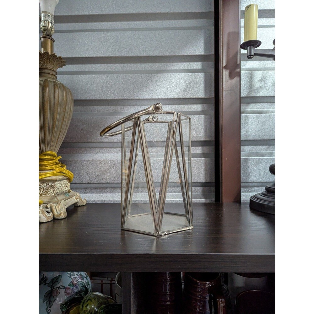 Silver Metal Hexagon 9.5 inch Hurricane Candle Holder Lantern Vase Decor